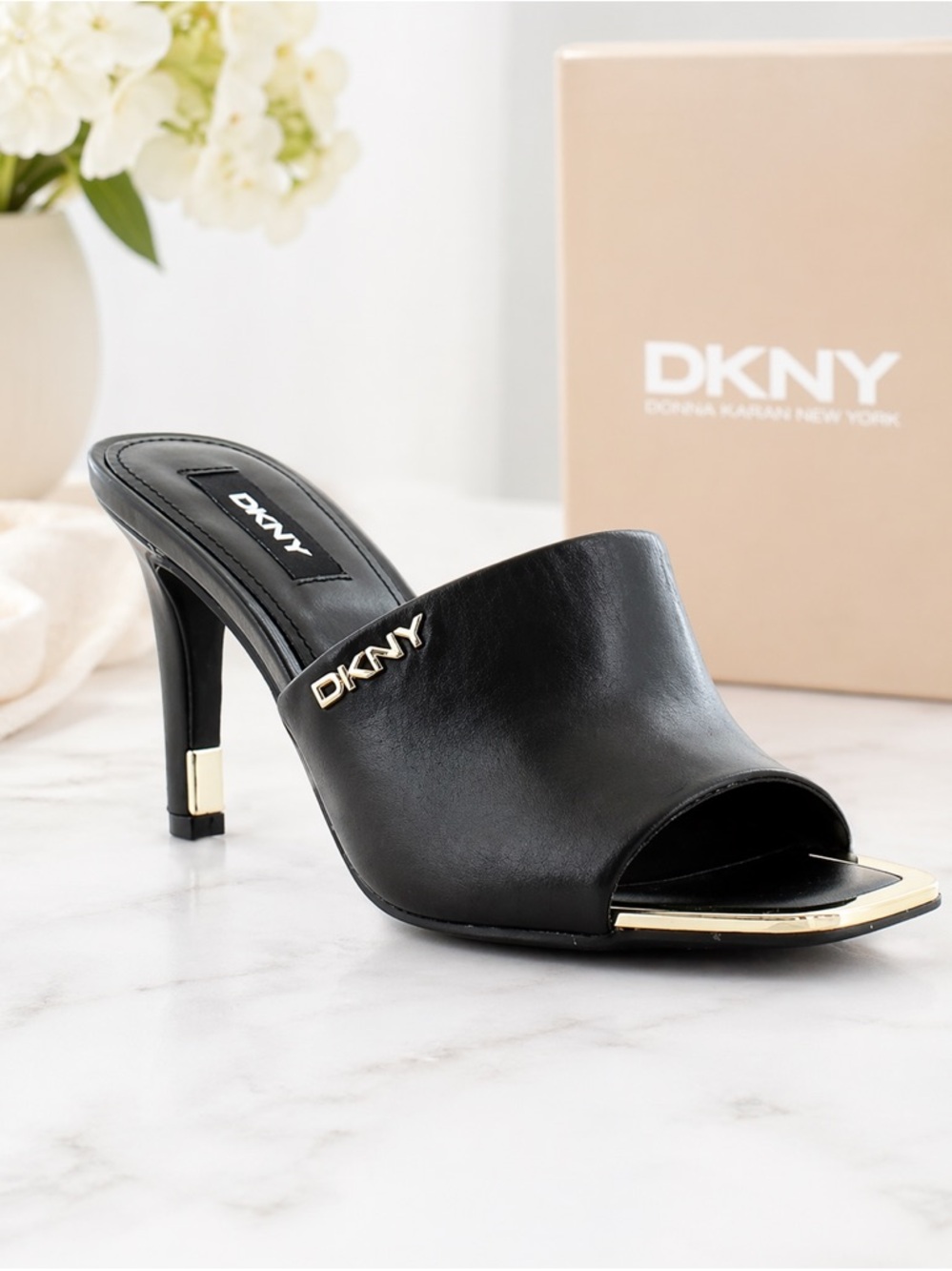 DKNY Black Leather Open-Toe Mule with Gold Trim